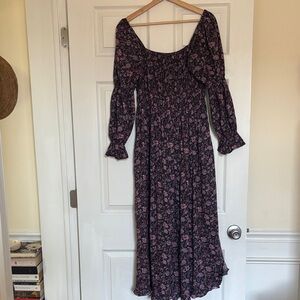 Floral Smocked Long Sleeve Midi Dress - Pink on Black